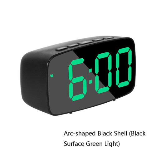 Mirror Bedside Alarm Clock Battery Plug-In Dual-Purpose LED Clock, Colour: Arc-shaped Black Shell (Black Surface Green Light) 1