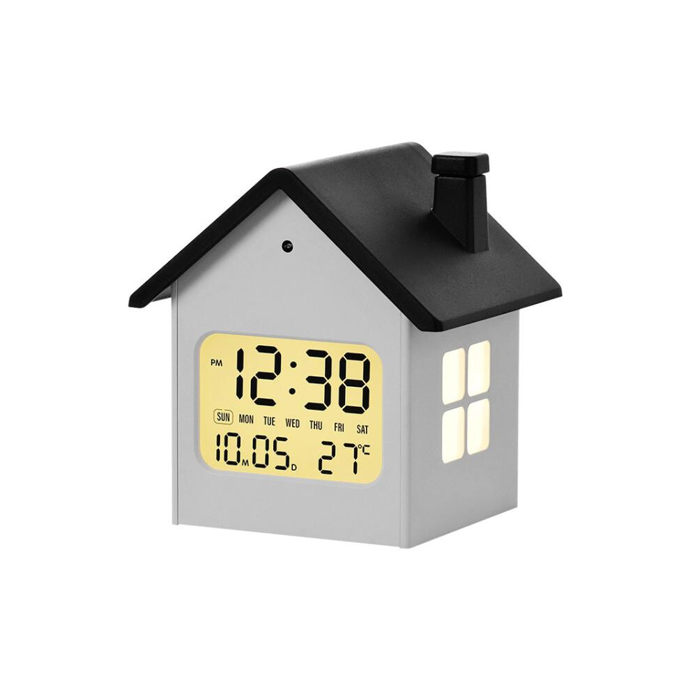 House-Shaped LCD Alarm Clock Multifunctional Children Clock Bedside Clock With Night Light(Black)