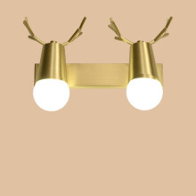 double head Copper Antler Wall Lamp Mirror Headlight Living Room Stairs Light Creative Bedroom Bedside Lamp(white light 5W)