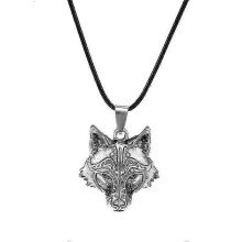 Wolf Necklace, Viking Wolf Head Pendant, Faux Leather Cord, Wolf Jewelry Gift