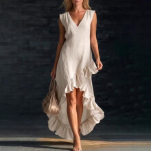 (burgundy, 3XL) 2026 New Fashion Romantic Sleeveless V-Neck Ruffle Hem Linen Long Dress for Summer Vacation