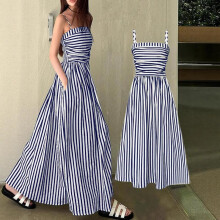(Navy blue, XXL) Women's Summer New Striped Strapless Dress Off Shoulder Bodycon Long Dress Sexy Waist Belted Maxi Dress