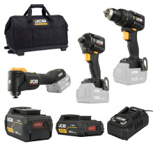 JCB 18V Pro Kit, Combi Drill (75Nm), Impact Driver (230Nm), Multi Tool, 2Ah & 5Ah Batteries, 4.5A Fast Charger & Soft Tool Bag JCB-18PKIT-6