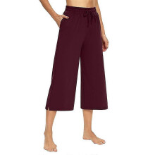 (S, Wine Red) Womens Drawstring Elastic Waist Loose Trousers Summer Casual Wide Leg Capri Pants