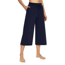 (M, Navy Blue) Womens Drawstring Elastic Waist Loose Trousers Summer Casual Wide Leg Capri Pants