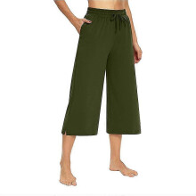 (M, Green) Womens Drawstring Elastic Waist Loose Trousers Summer Casual Wide Leg Capri Pants