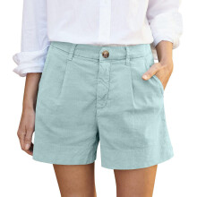 Women's cotton and linen summer high-waisted shorts- blues S
