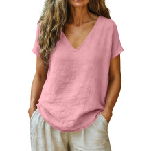 Women's Short Sleeve Blouse Lightweight Polyester Fabric-Pink L