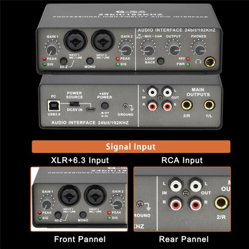 Professional 24Bit 192KHz Audio Interface 2 Input Sound Card for Electric Guitar Loopback External Studio PC Recording
