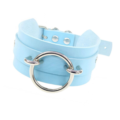 Adjustable PU Leather O Rings Neck Collar Comfortable-Sky Blue