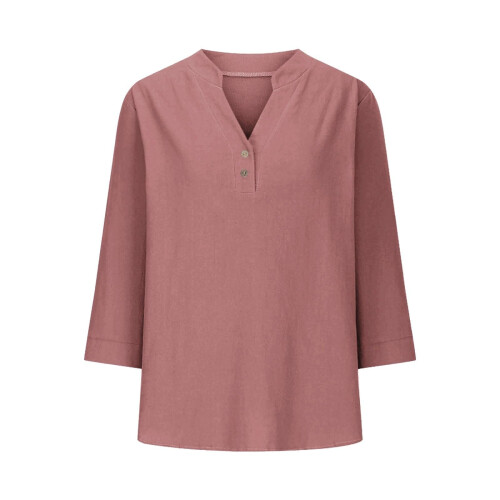 Women's cotton and linen shirt, solid color,-red L 2