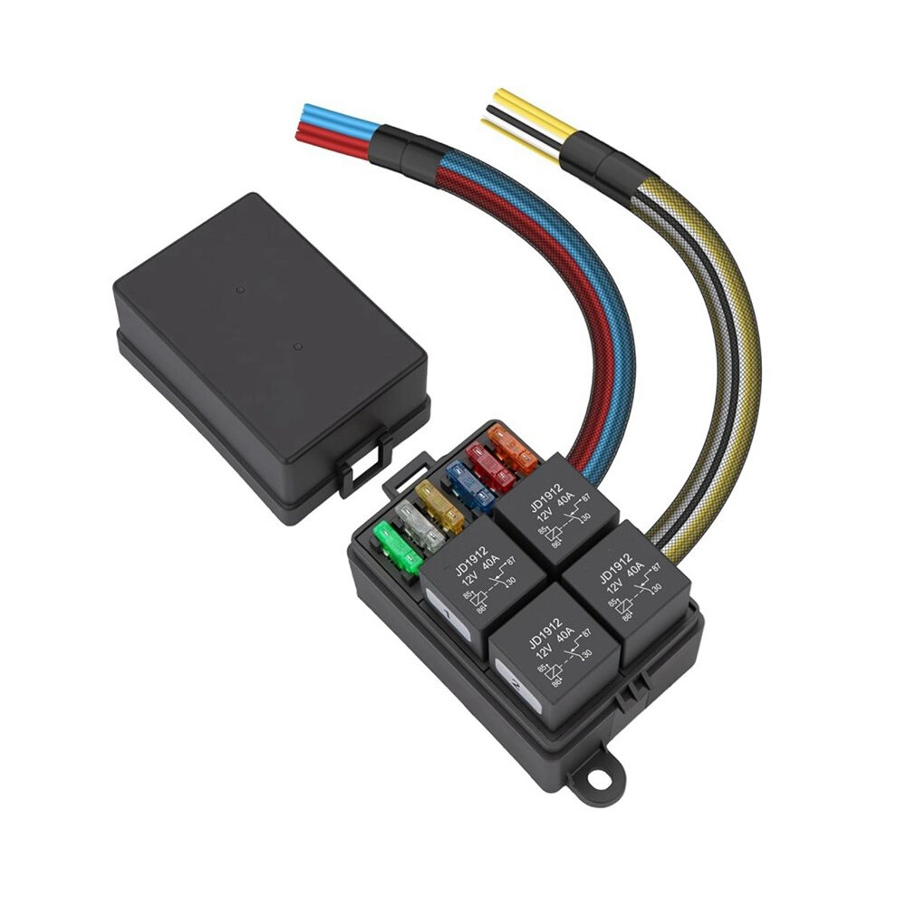 12V Pre-Wired Fuse Relay Box, 4 Relays And 6 Atc/Ato Blade Fuses,4-Pin 40A Relay Block Kit,For Cars Truck Marine Boat 6031088658856