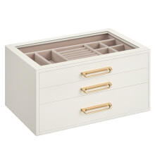 Jewellery Box, 3-Layer Jewellery Storage Organiser with Glass Window, 3 Drawers, Large Capacity, Modern, Golden Handles, Gift Idea, Cream Whit
