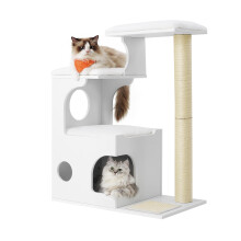 WoodyWonders Cat Tree, 86 cm Modern Cat Tower with Cat Cave, 3 Perches, Scratching Post and Mat, Removable Washable Plush Cushions, Cloud White