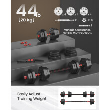Dumbbell Set, 20 kg Weights with Connecting Bar, Hexagon, Adjustable Weight Plates, for Men Women Workout