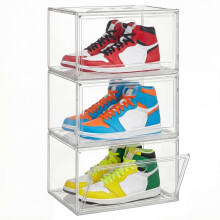 Stackable Shoe Boxes, Transparent Plastic Shoe Storage Organizer with Magnetic Doors, for Max. US Size 12, Set of 3
