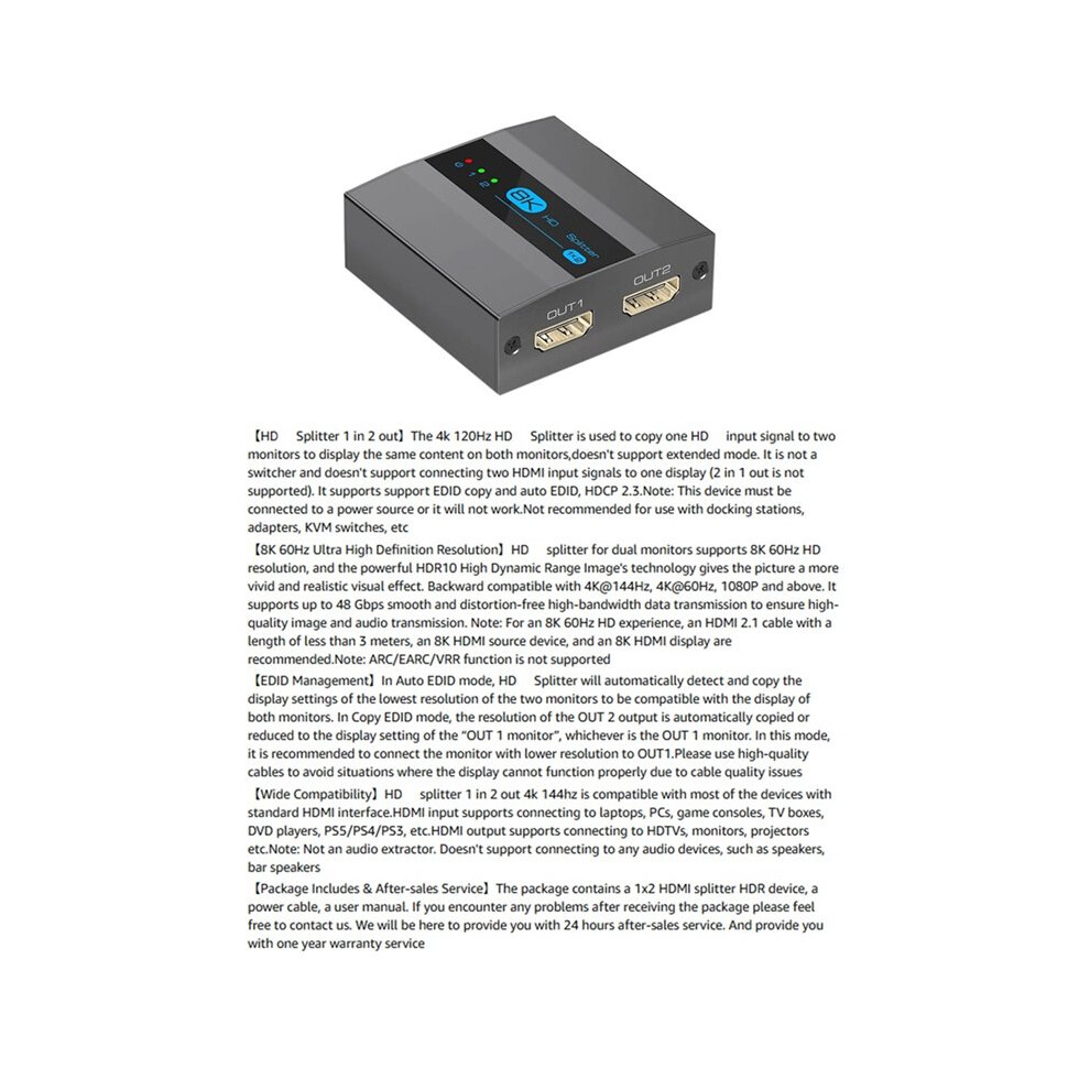 8K -Compatible Splitter 1 In 2 Out 4K 120Hz, For Dual Monitors Support Edid,Hdcp 2.3 Hdr 10 For Laptops Pcs Tv Ps 6032982494526