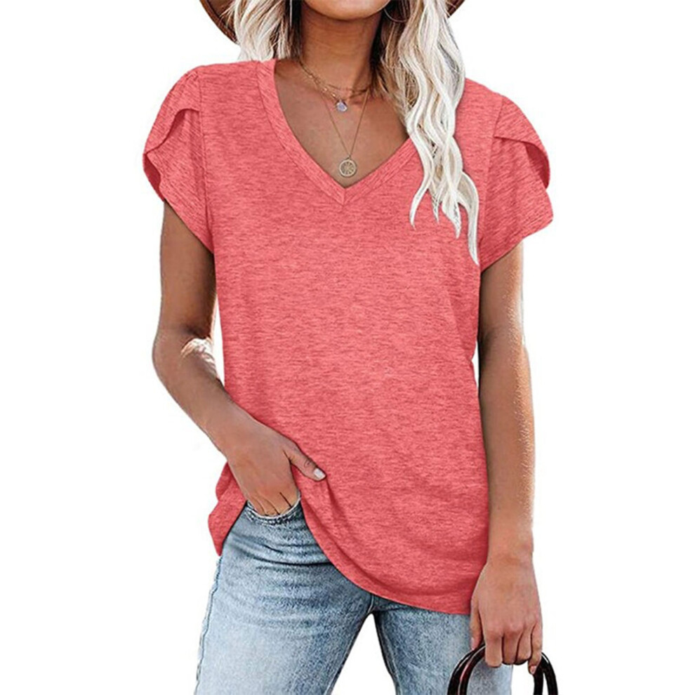 Womens T Shirts Petal Sleeve V Neck Casual Tees Basic-Pink XXL