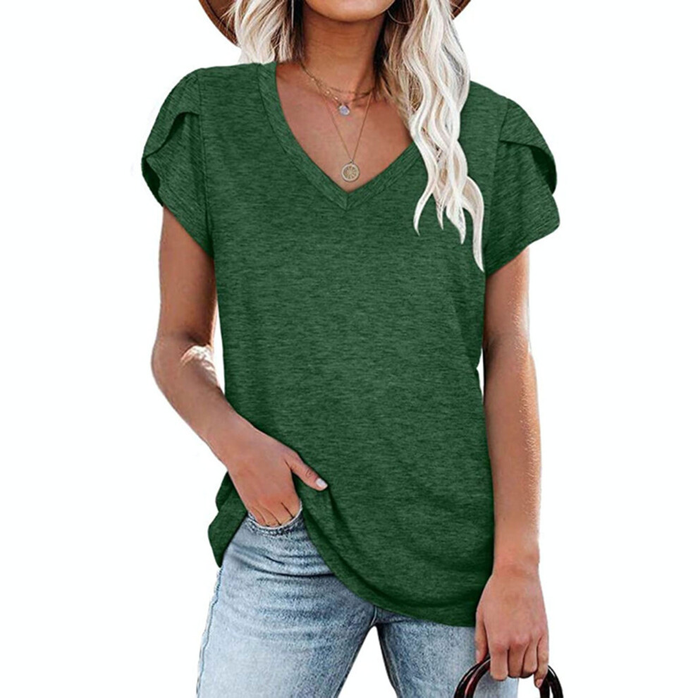 Womens T Shirts Petal Sleeve V Neck Casual Tees Basic-Green XXL