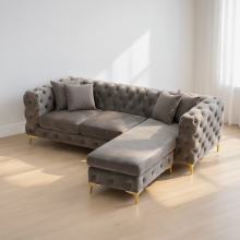 (Grey Velvet, Right Hand Chaise) Luxury Chaise Sofa Longue 4-Seater Plush Velvet Chesterfield Corner Settee Couch