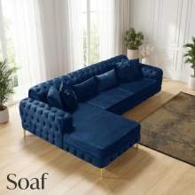 (Blue Velvet, Left Hand Chaise) Chesterfield Chaise Sofa Chaise Longue L Shape Corner Plush Velvet Settee Couch