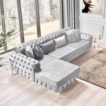 (Black Velvet, Left Hand Chaise) Chesterfield Chaise Sofa Chaise Longue L Shape Corner Plush Velvet Settee Couch
