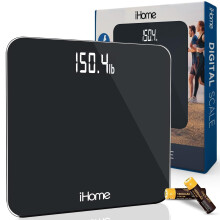 iHome Digital Scale, Black, Glass, Countertop, LED Display, 400 lbs Max, High Precision Sensors, Auto-Calibration, Bathroom Scale, Body Weight Scale