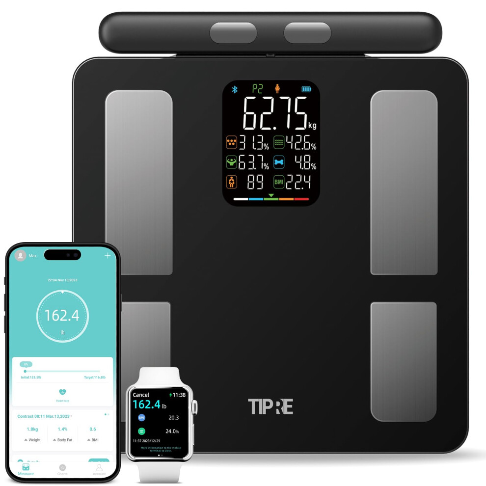Tipre Smart Scale For Body Weight 8-Electrode Digital Weight Scale For Body Fat Bathroom Scale With Bmi Full Body Composition Analysis With Bluetooth