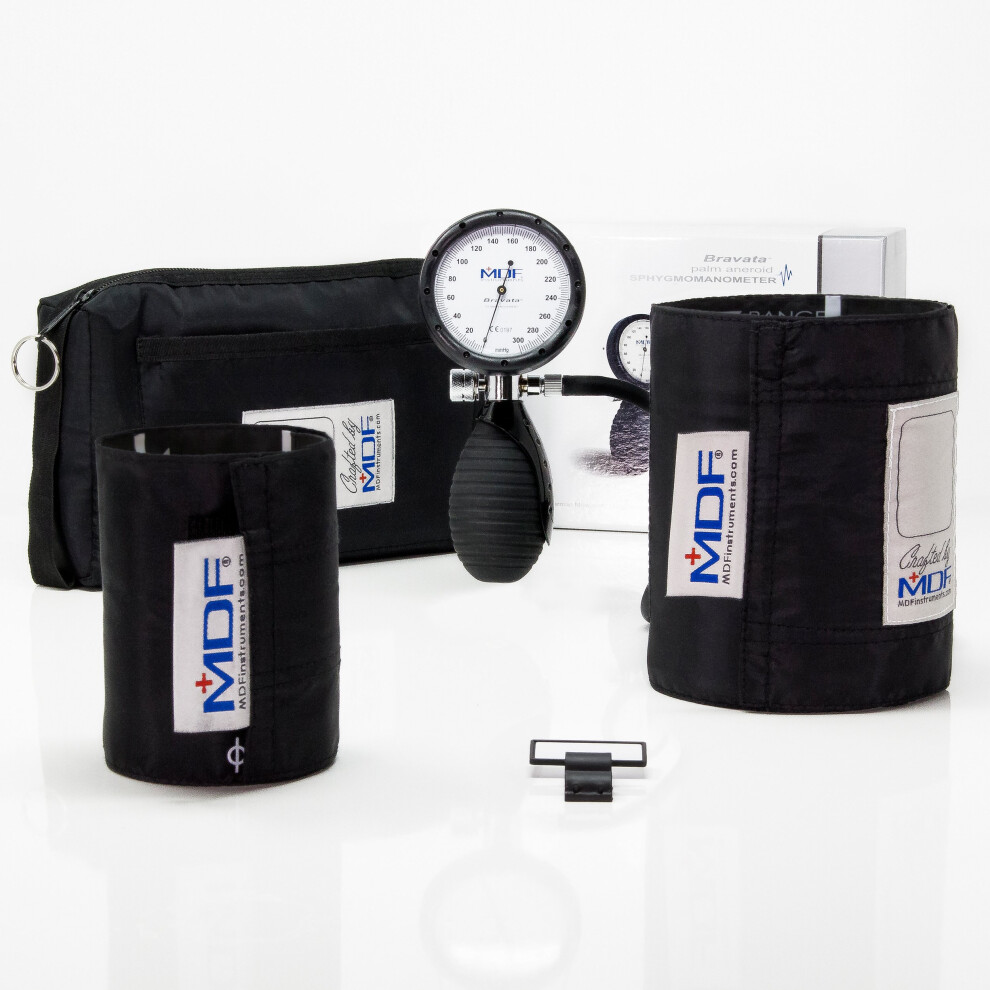 Mdf Instruments Black Bravata Palm Aneroid Sphygmomanometer - Professional Blood Pressure Monitor With Adult & Pediatric Cuff Size Included,