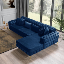 (Blue Velvet, Right Hand Chaise) Chesterfield Chaise Sofa Chaise Longue L Shape Corner Plush Velvet Settee Couch