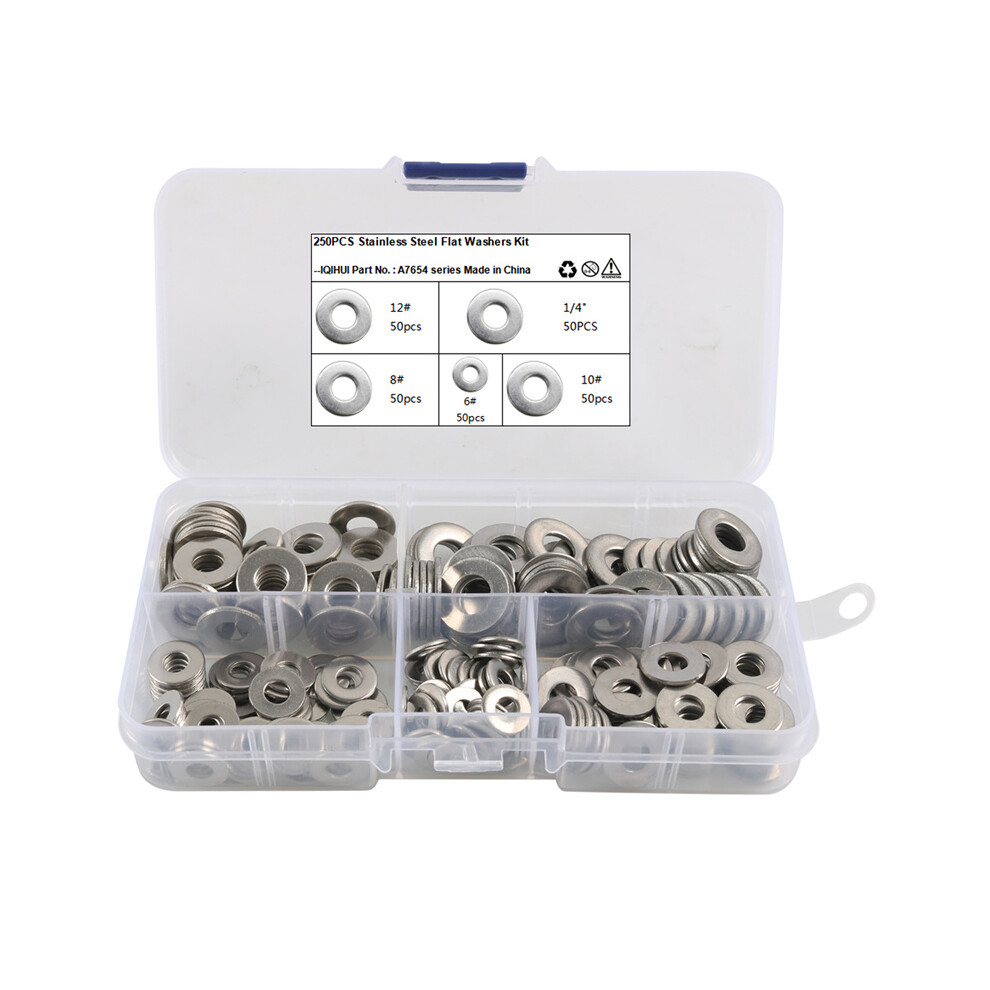 250Pcs Of 304 Stainless Steel Washers Flat Washer Assortment Set Kit 5 Sizes 320997760801