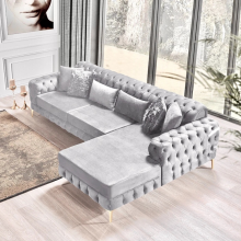 (Black Velvet, Right Hand Chaise) Chesterfield Chaise Sofa Chaise Longue L Shape Corner Plush Velvet Settee Couch