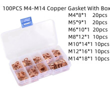 100Pcs M4-M14 Size Copper Washer Sump Plug Oil Seal Gasket Assorted Set With Box