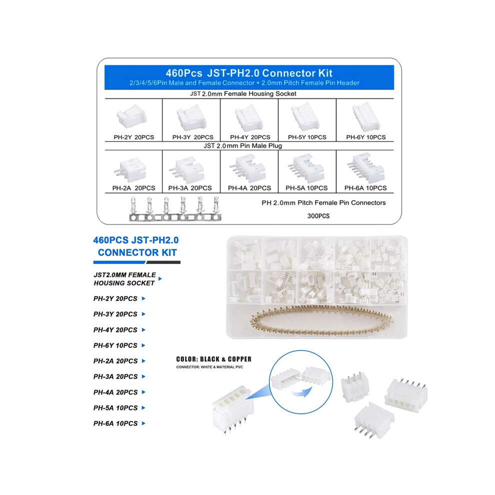 (PH2.0-Connectors) 460PCS JST PH2.0/XH2.54MM Connector kit 2/3/4/5/6Pin Plug With Terminal Wires Cables