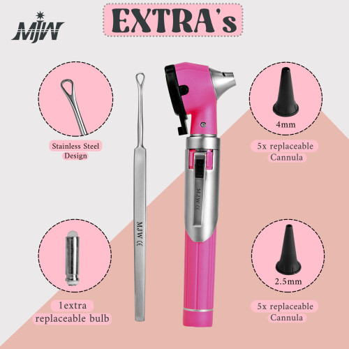 Fiber Optic Pink Mini Otoscope Ear Healthy Tool for Home use with Extra Replaceable LED Light 2
