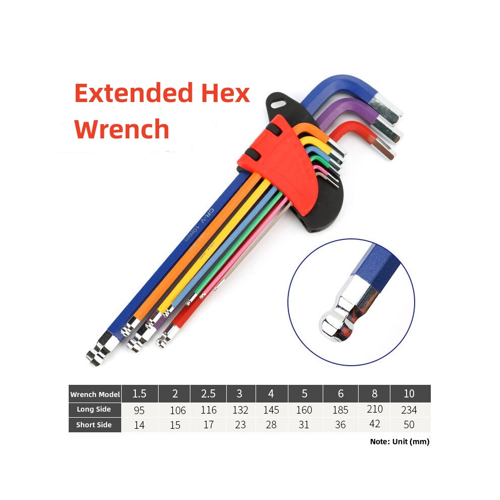 (Extended Hex Wrench) 9Pc Allen Key Set, Hex Metric Ball End, Long Folding, Colour Coded Design 110691753892
