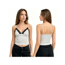 (L, Black) Women's Sleeveless Camisole Stylish Dot Print Lace Trim Sleeveless V Neck Slim Fit Spaghetti Strap Tank Tops