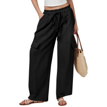 Women's cotton and linen wide-leg pants with drawstring-Black M