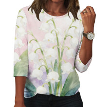 Women's flowers Print Shirt Casual Three-quarter-Ivory XL