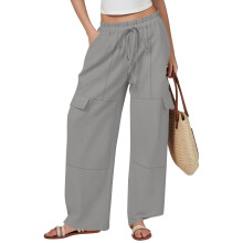 Women's cotton and linen wide-leg pants with drawstring-Gray L