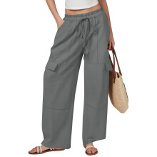 Women's cotton and linen wide-leg pants with-Dark Grey L