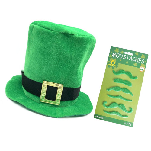 Patricks Day Cosplay Hat Includes 6 Artificial Moustaches-Black