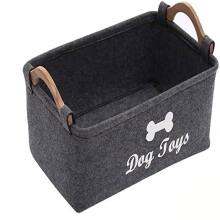 (Black)Folding Pet Felt Toy Storage Box Dog Basket Wooden Handle Large Size Square
