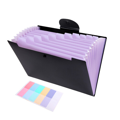 12 Pockets Expandable File Storage Bag Elastic Closure-Purple
