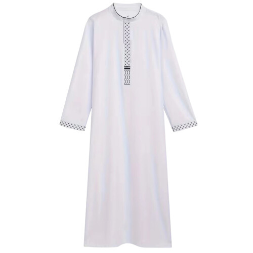 Comfortable Polyester Islamic Thobe For Men Long Sleeve-White S