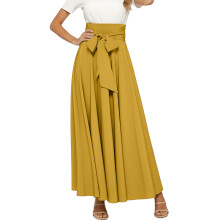 Women's High Waist Pleated Maxi Skirt with Front Bow-Yellow L