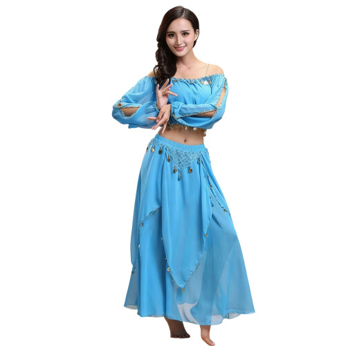 2pcs Comfortable Belly Dance Performances Set Long-Lake Blue