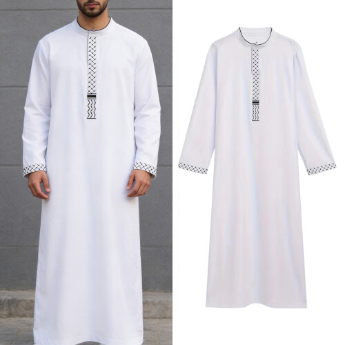Comfortable Polyester Islamic Thobe For Men Long Sleeve-White S 1