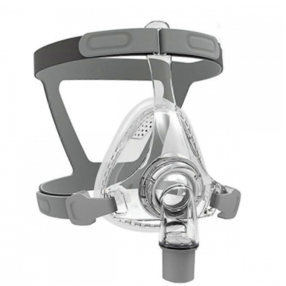 CPAP full-face masks with headgear, angled piece/swivel joint and cushion