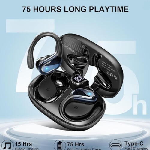 Ασύρματα ακουστικά Bluetooth 5.4 2026, στερεοφωνικά αθλητικά ακουστικά 75H με 4 μικρόφ 2